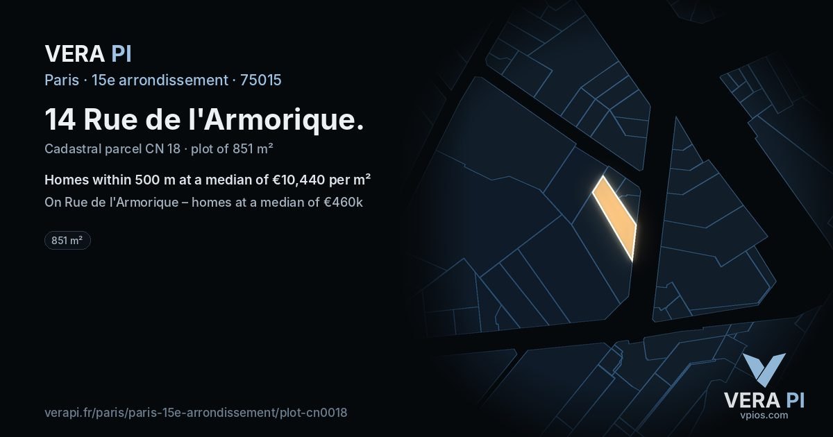 14 Rue de l'Armorique, 15e arrondissement at night – the plot lit, the parcels around coloured by the prices near them