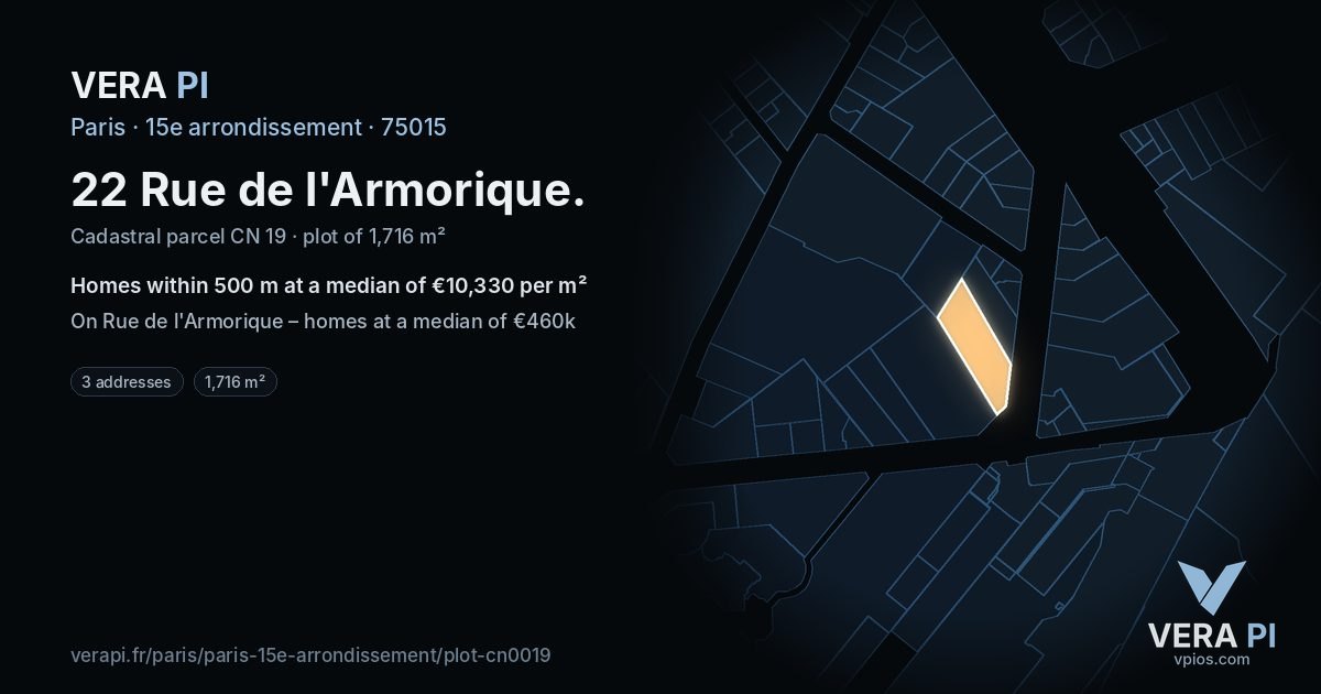 22 Rue de l'Armorique, 15e arrondissement at night – the plot lit, the parcels around coloured by the prices near them