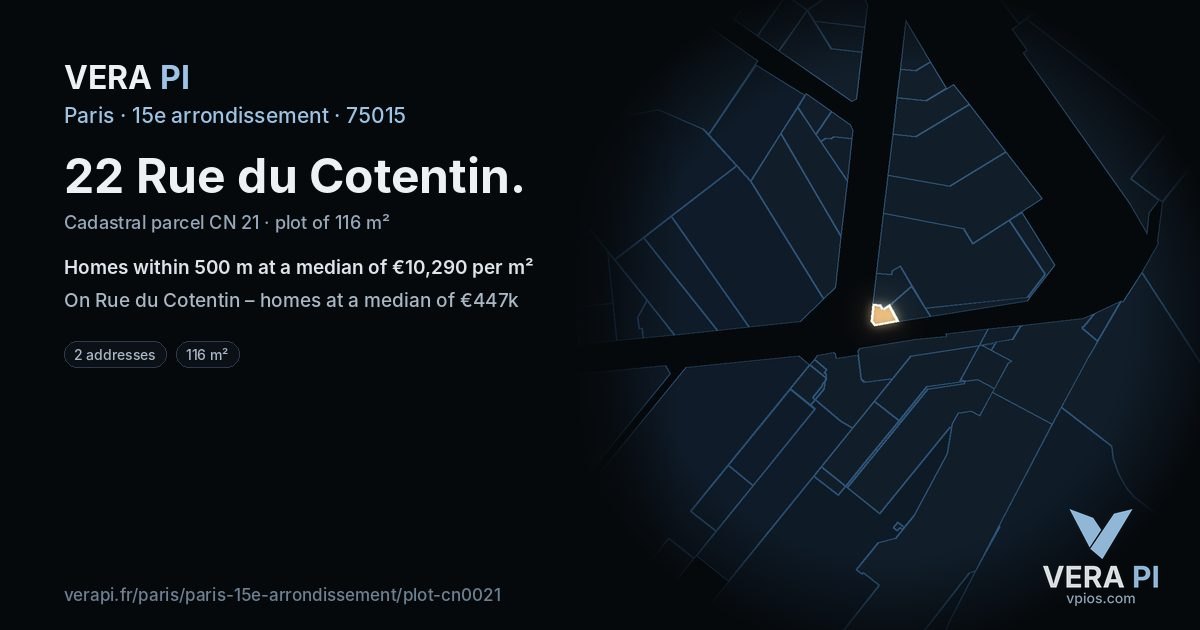22 Rue du Cotentin, 15e arrondissement at night – the plot lit, the parcels around coloured by the prices near them