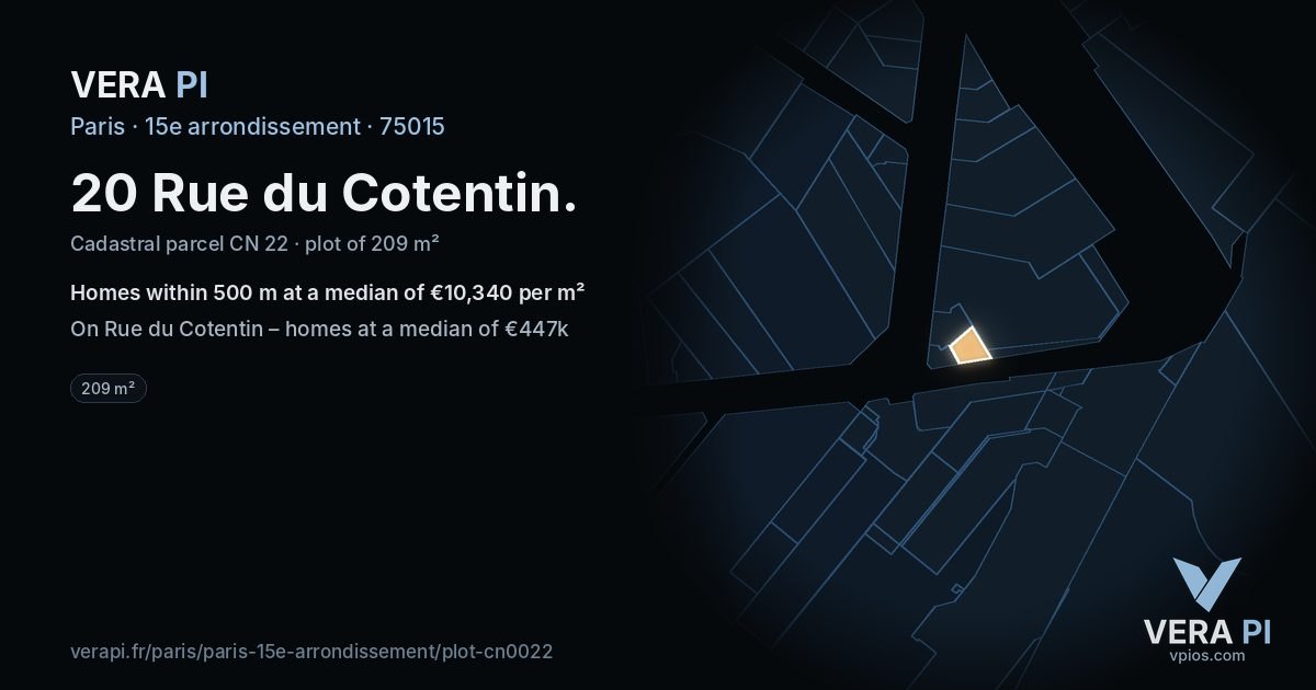 20 Rue du Cotentin, 15e arrondissement at night – the plot lit, the parcels around coloured by the prices near them