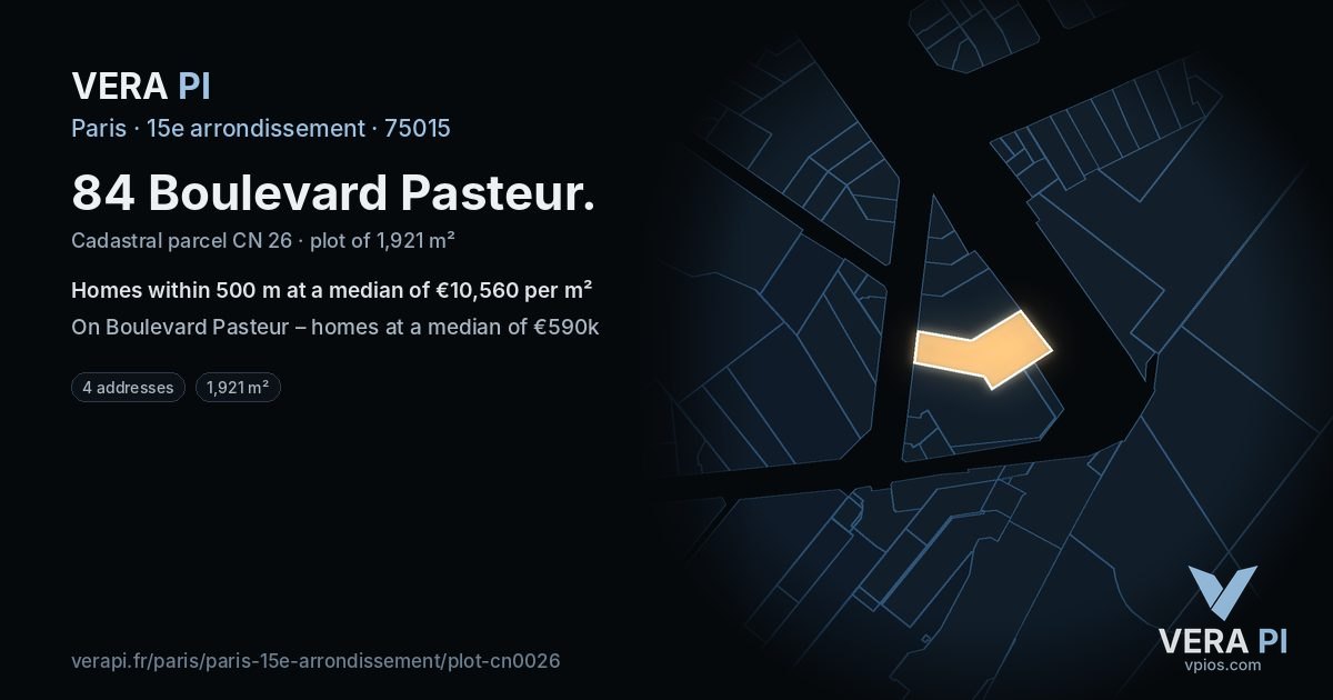 84 Boulevard Pasteur, 15e arrondissement at night – the plot lit, the parcels around coloured by the prices near them