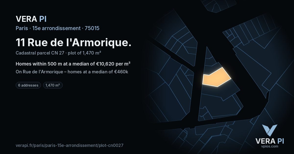 11 Rue de l'Armorique, 15e arrondissement at night – the plot lit, the parcels around coloured by the prices near them