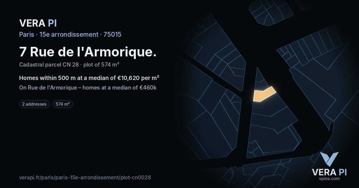 7 Rue de l'Armorique, 15e arrondissement at night – the plot lit, the parcels around coloured by the prices near them