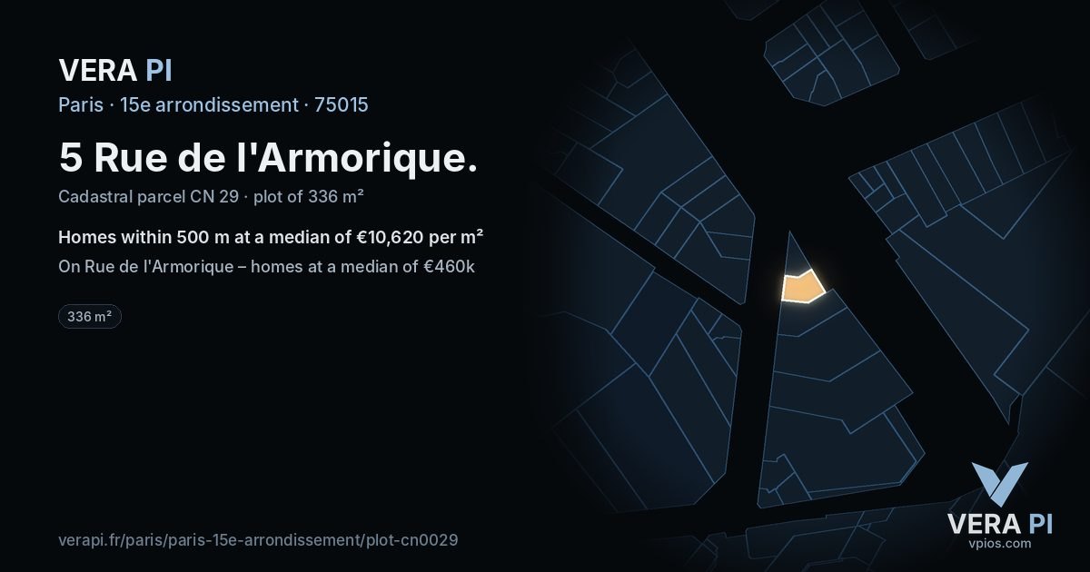 5 Rue de l'Armorique, 15e arrondissement at night – the plot lit, the parcels around coloured by the prices near them