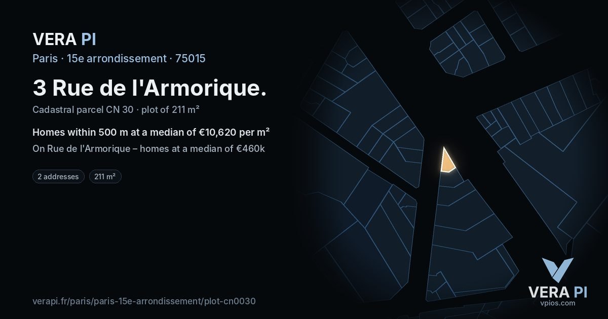 3 Rue de l'Armorique, 15e arrondissement at night – the plot lit, the parcels around coloured by the prices near them
