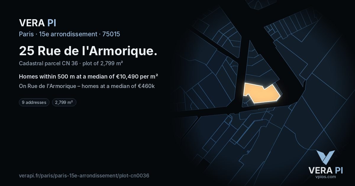 25 Rue de l'Armorique, 15e arrondissement at night – the plot lit, the parcels around coloured by the prices near them