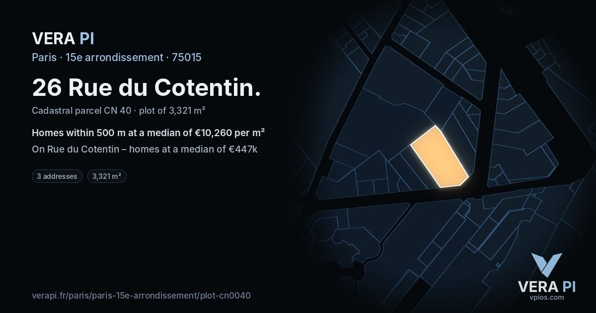 26 Rue du Cotentin, 15e arrondissement at night – the plot lit, the parcels around coloured by the prices near them