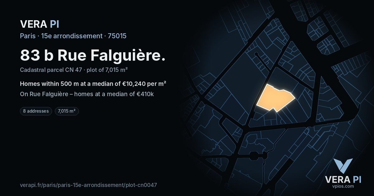 83 b Rue Falguière, 15e arrondissement at night – the plot lit, the parcels around coloured by the prices near them