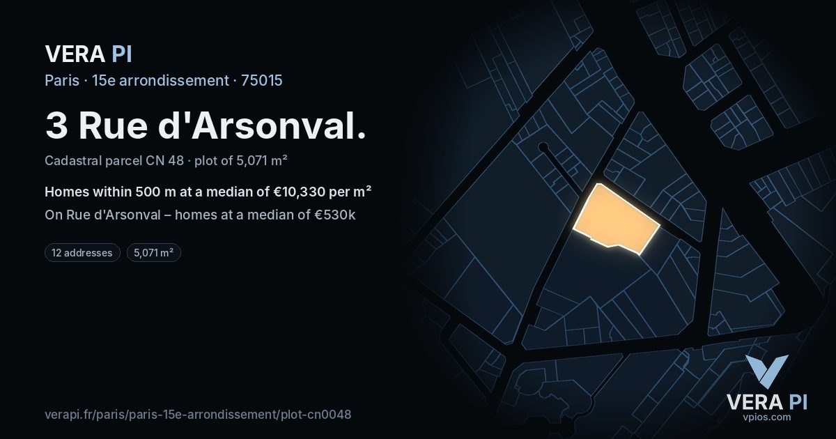 3 Rue d'Arsonval, 15e arrondissement at night – the plot lit, the parcels around coloured by the prices near them