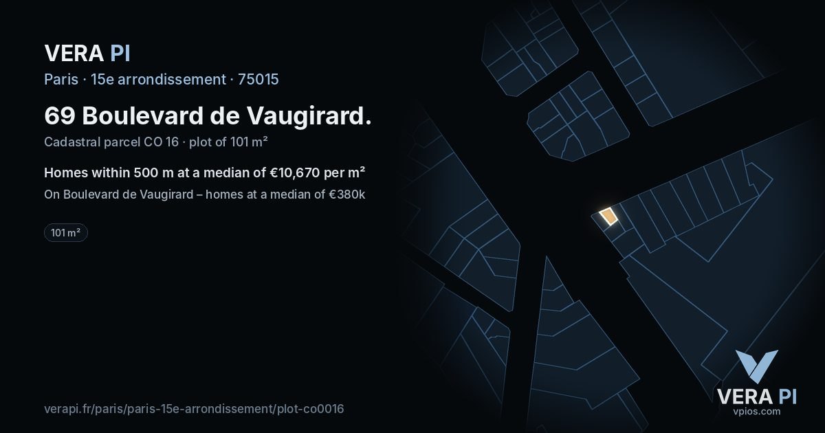 69 Boulevard de Vaugirard, 15e arrondissement at night – the plot lit, the parcels around coloured by the prices near them