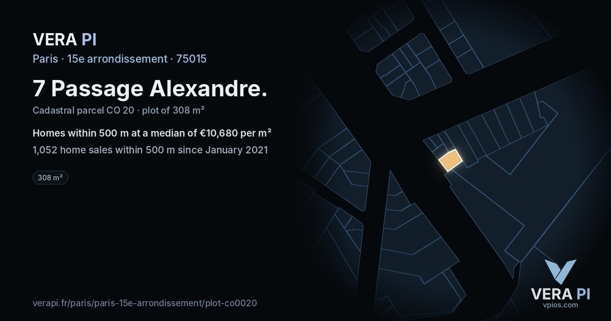 7 Passage Alexandre, 15e arrondissement at night – the plot lit, the parcels around coloured by the prices near them
