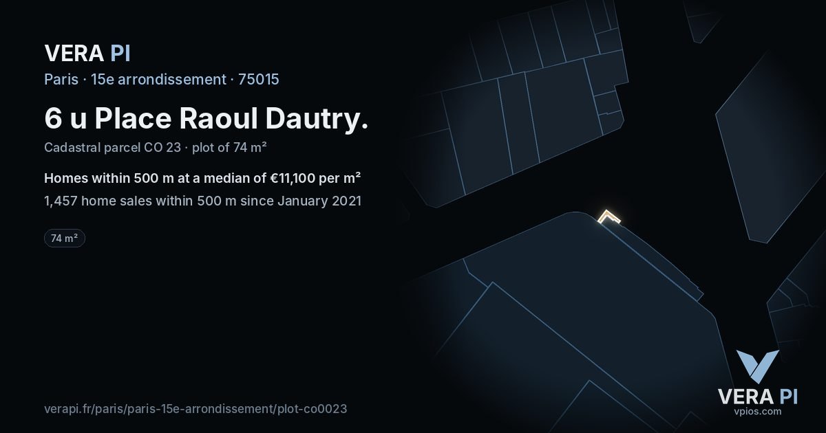 6 u Place Raoul Dautry, 15e arrondissement at night – the plot lit, the parcels around coloured by the prices near them