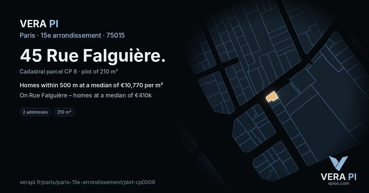45 Rue Falguière, 15e arrondissement at night – the plot lit, the parcels around coloured by the prices near them