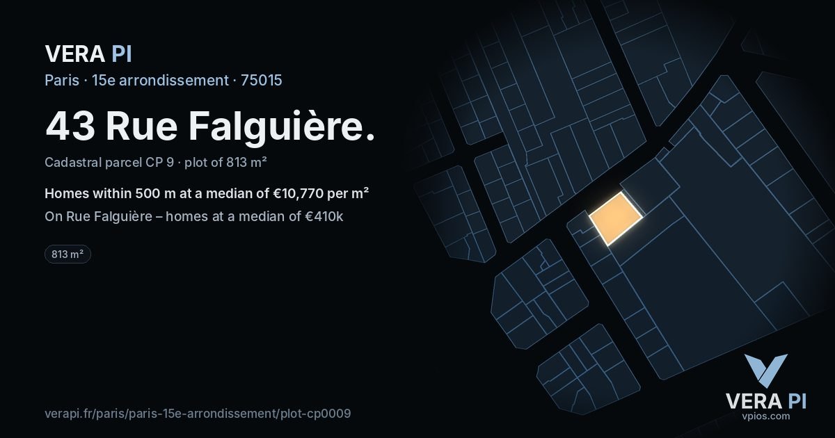 43 Rue Falguière, 15e arrondissement at night – the plot lit, the parcels around coloured by the prices near them