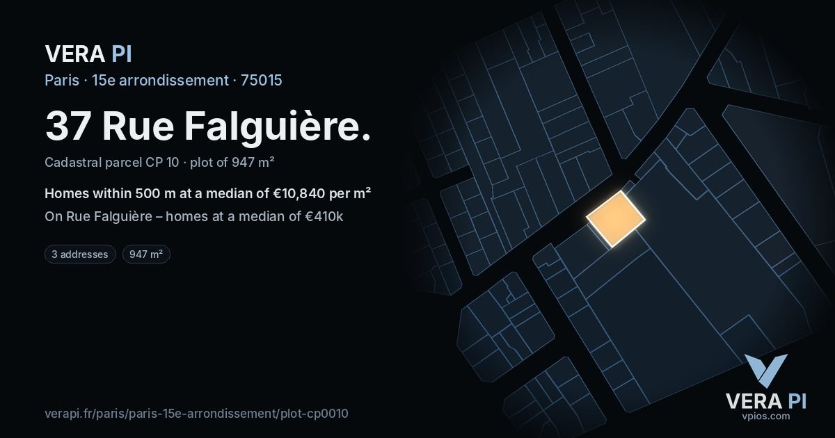 37 Rue Falguière, 15e arrondissement at night – the plot lit, the parcels around coloured by the prices near them