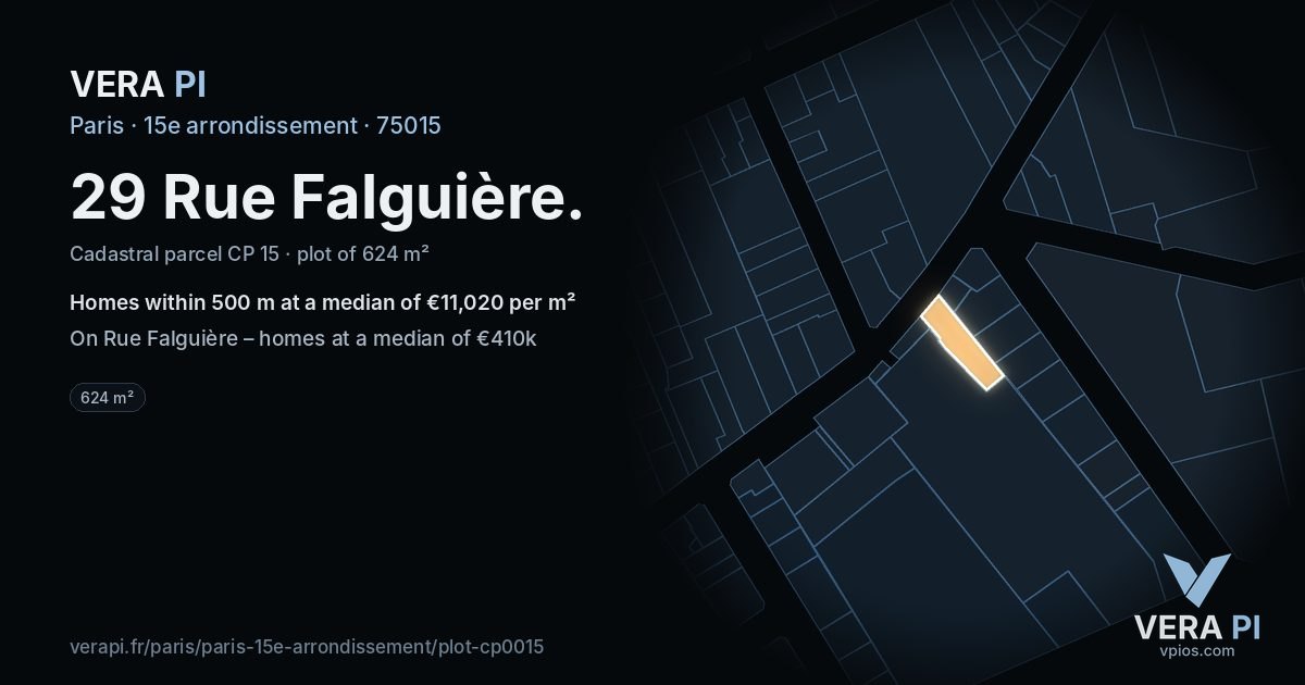 29 Rue Falguière, 15e arrondissement at night – the plot lit, the parcels around coloured by the prices near them