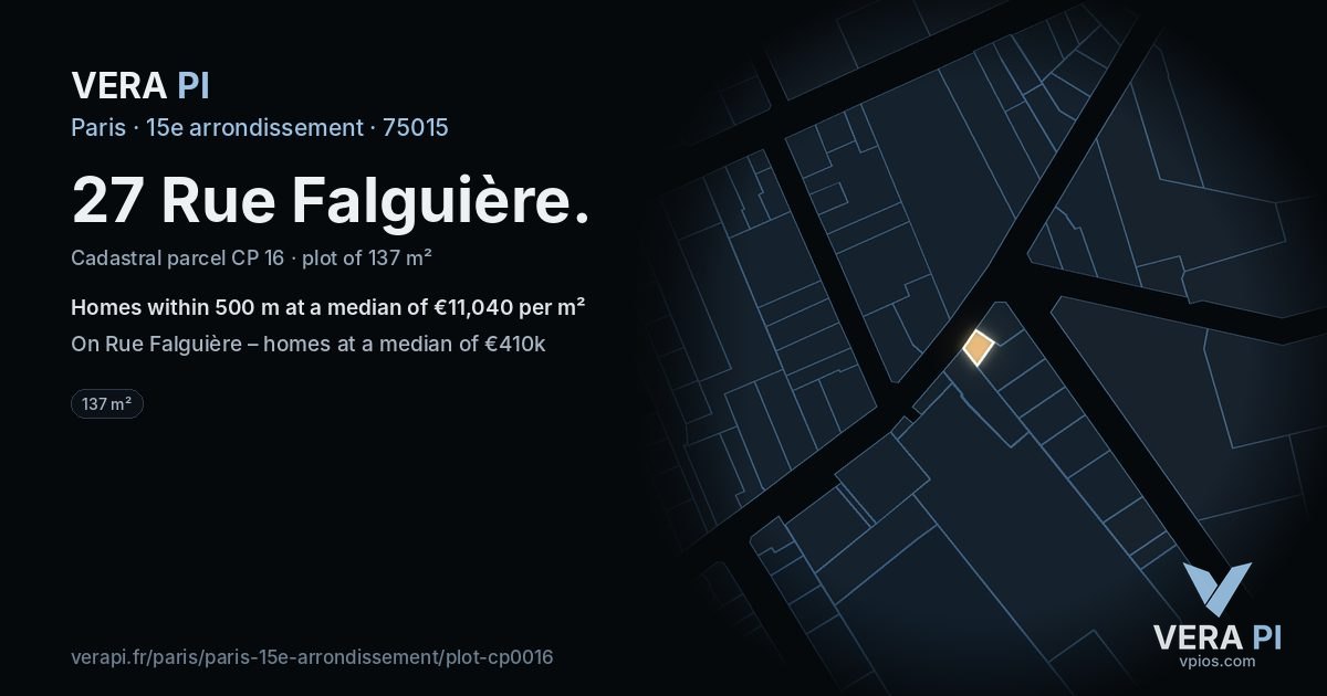 27 Rue Falguière, 15e arrondissement at night – the plot lit, the parcels around coloured by the prices near them