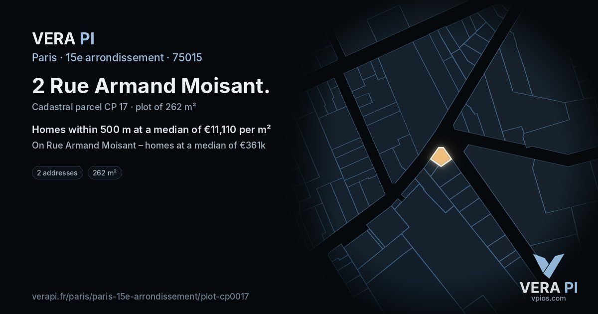2 Rue Armand Moisant, 15e arrondissement at night – the plot lit, the parcels around coloured by the prices near them