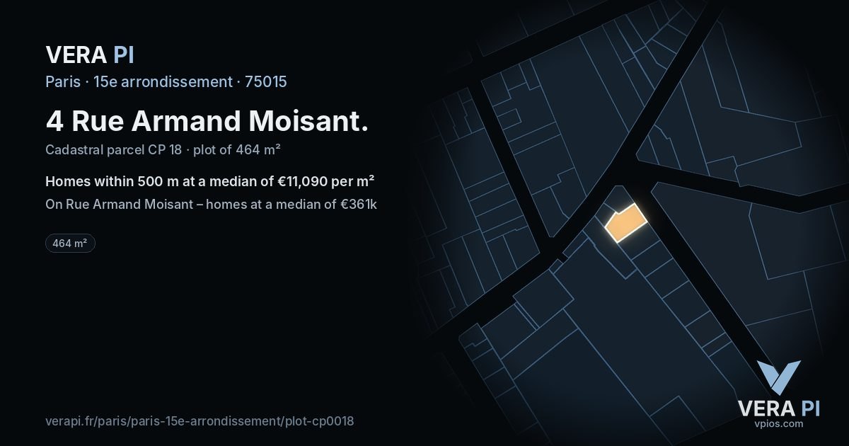 4 Rue Armand Moisant, 15e arrondissement at night – the plot lit, the parcels around coloured by the prices near them