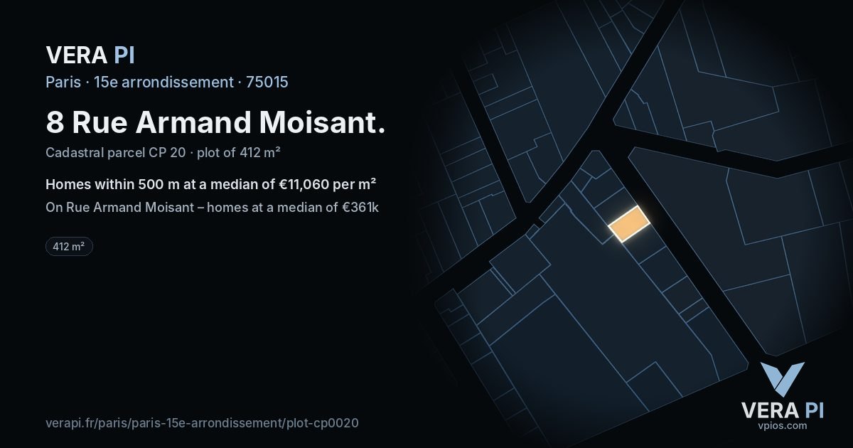 8 Rue Armand Moisant, 15e arrondissement at night – the plot lit, the parcels around coloured by the prices near them
