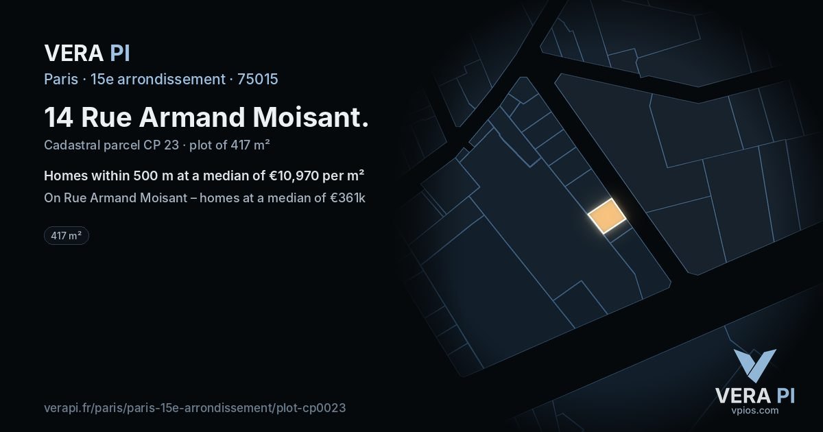 14 Rue Armand Moisant, 15e arrondissement at night – the plot lit, the parcels around coloured by the prices near them
