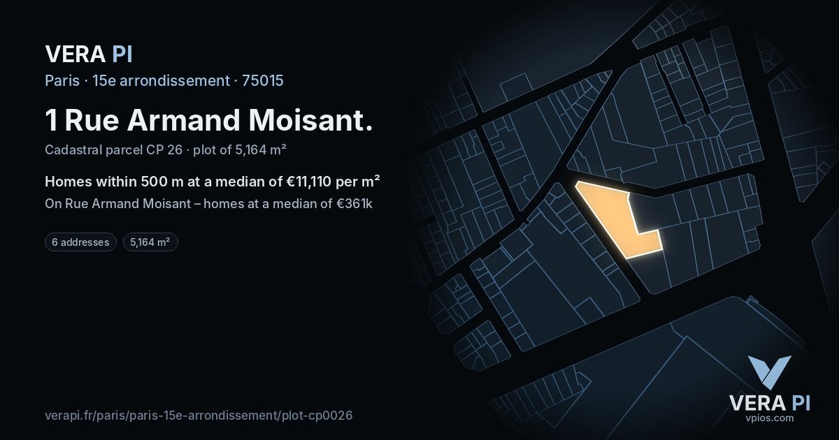 1 Rue Armand Moisant, 15e arrondissement at night – the plot lit, the parcels around coloured by the prices near them