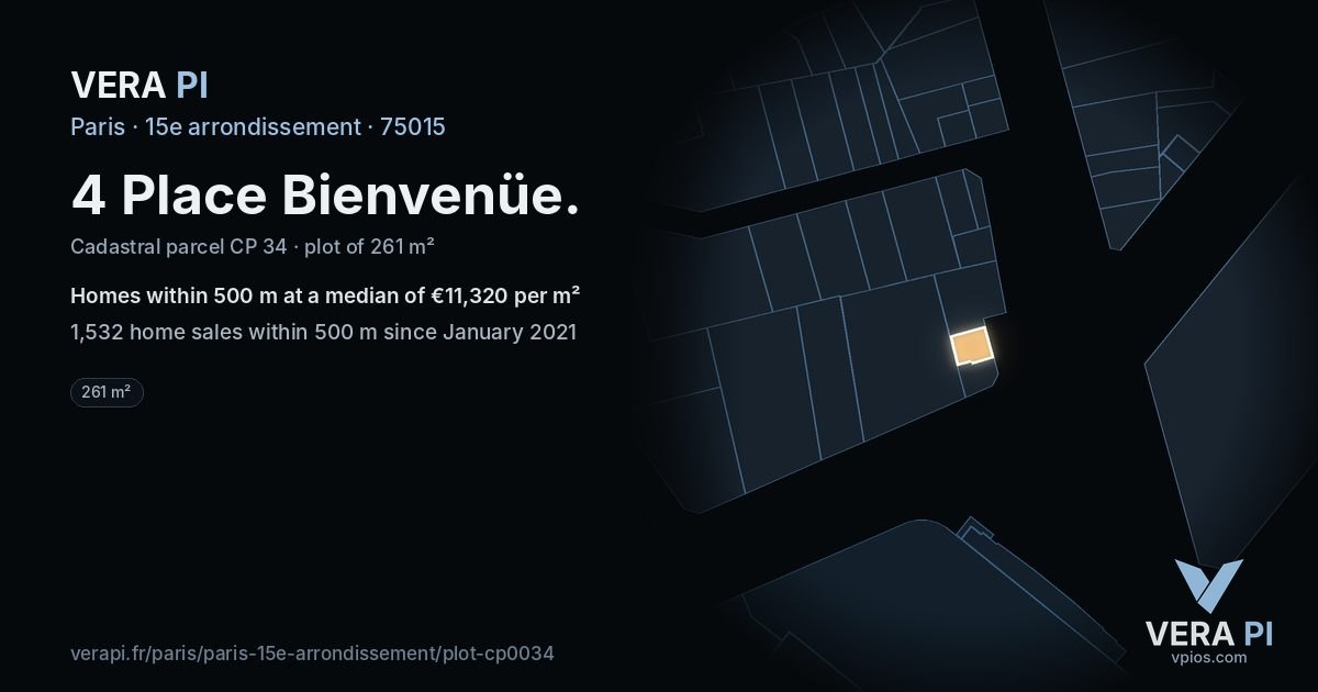 4 Place Bienvenüe, 15e arrondissement at night – the plot lit, the parcels around coloured by the prices near them