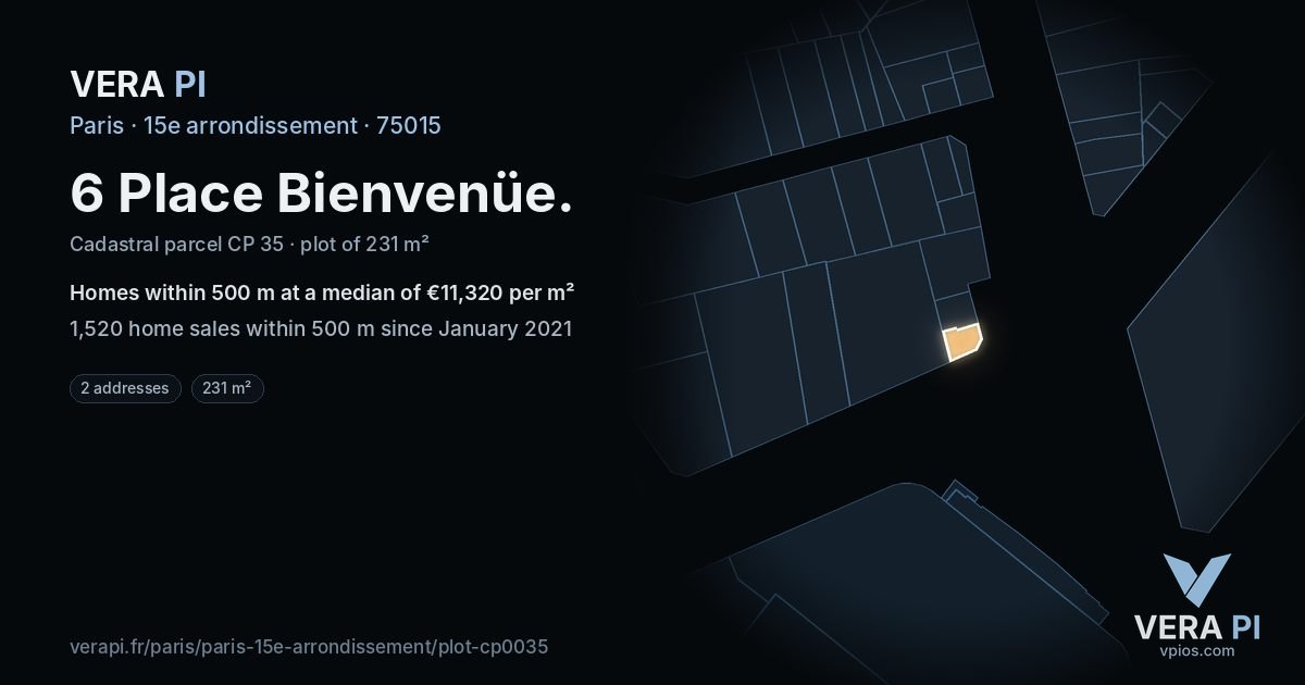 6 Place Bienvenüe, 15e arrondissement at night – the plot lit, the parcels around coloured by the prices near them