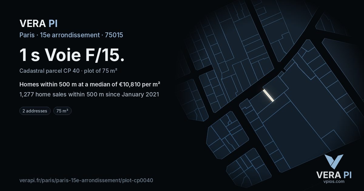 1 s Voie F/15, 15e arrondissement at night – the plot lit, the parcels around coloured by the prices near them