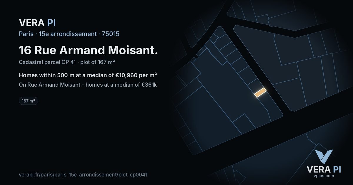 16 Rue Armand Moisant, 15e arrondissement at night – the plot lit, the parcels around coloured by the prices near them