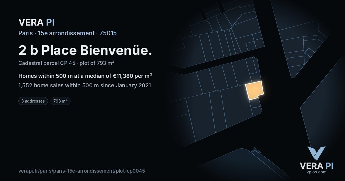 2 b Place Bienvenüe, 15e arrondissement at night – the plot lit, the parcels around coloured by the prices near them