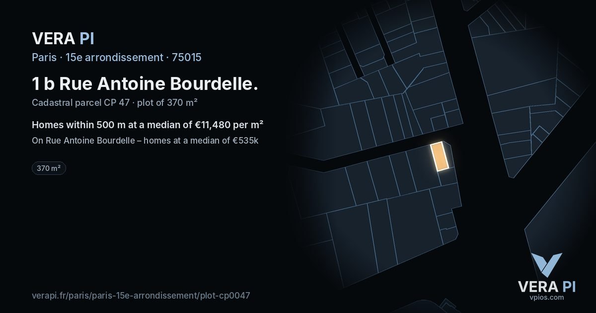 1 b Rue Antoine Bourdelle, 15e arrondissement at night – the plot lit, the parcels around coloured by the prices near them