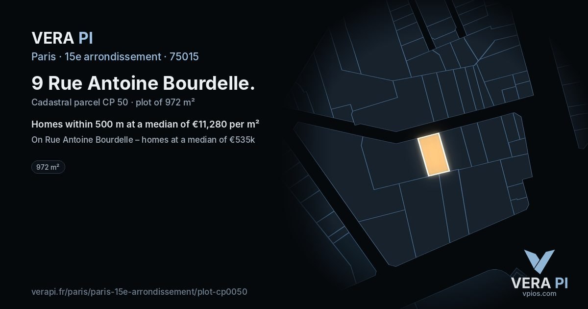 9 Rue Antoine Bourdelle, 15e arrondissement at night – the plot lit, the parcels around coloured by the prices near them