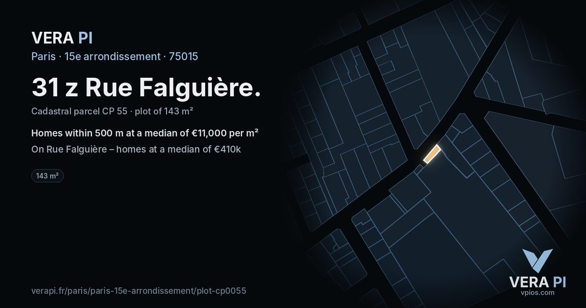 31 z Rue Falguière, 15e arrondissement at night – the plot lit, the parcels around coloured by the prices near them