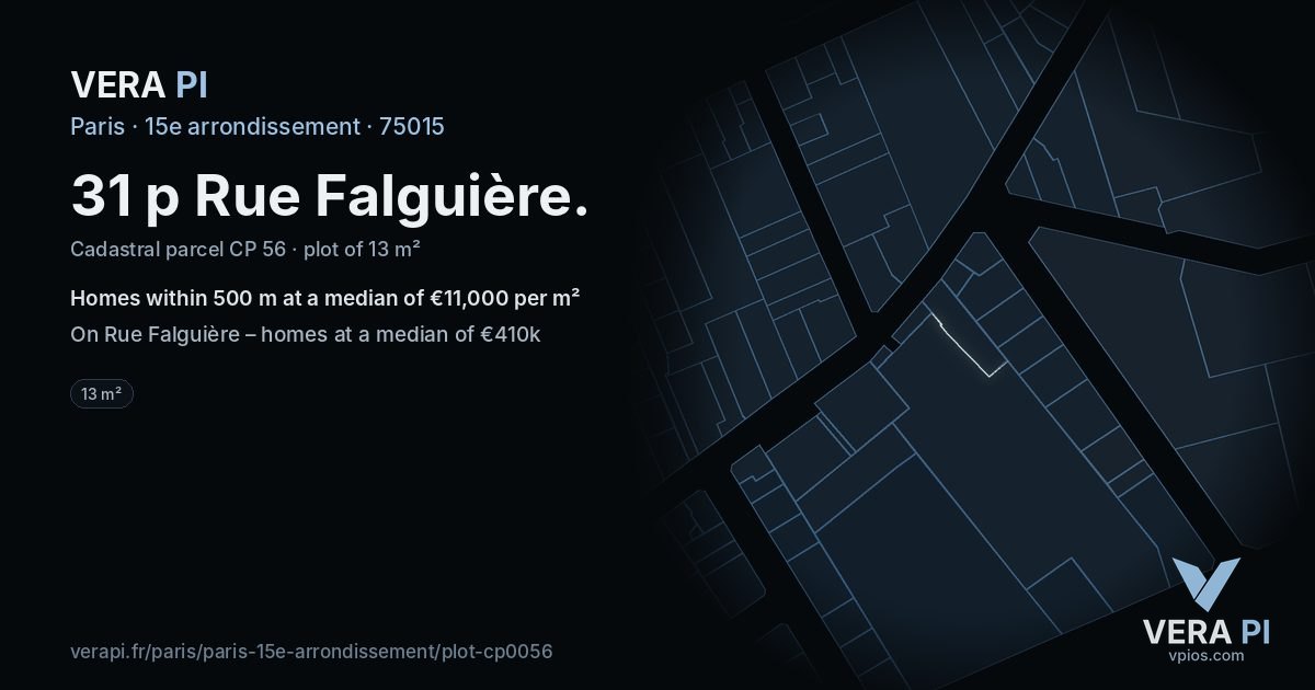 31 p Rue Falguière, 15e arrondissement at night – the plot lit, the parcels around coloured by the prices near them