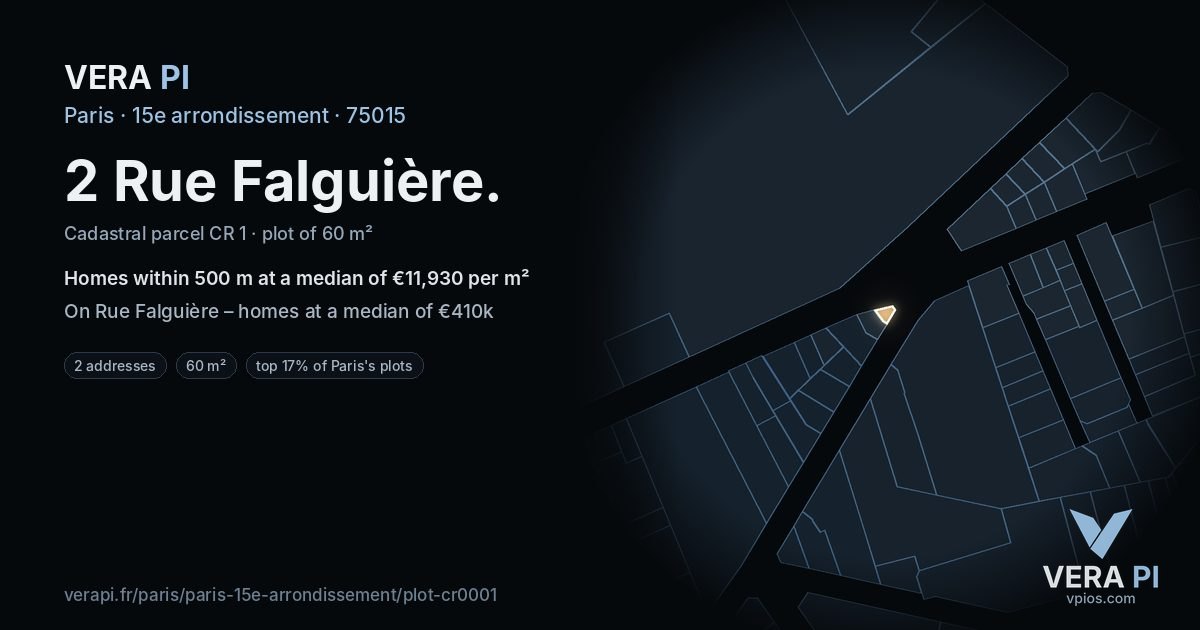 2 Rue Falguière, 15e arrondissement at night – the plot lit, the parcels around coloured by the prices near them