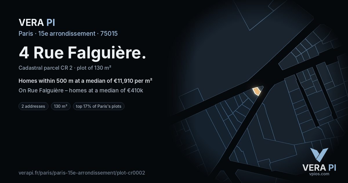 4 Rue Falguière, 15e arrondissement at night – the plot lit, the parcels around coloured by the prices near them