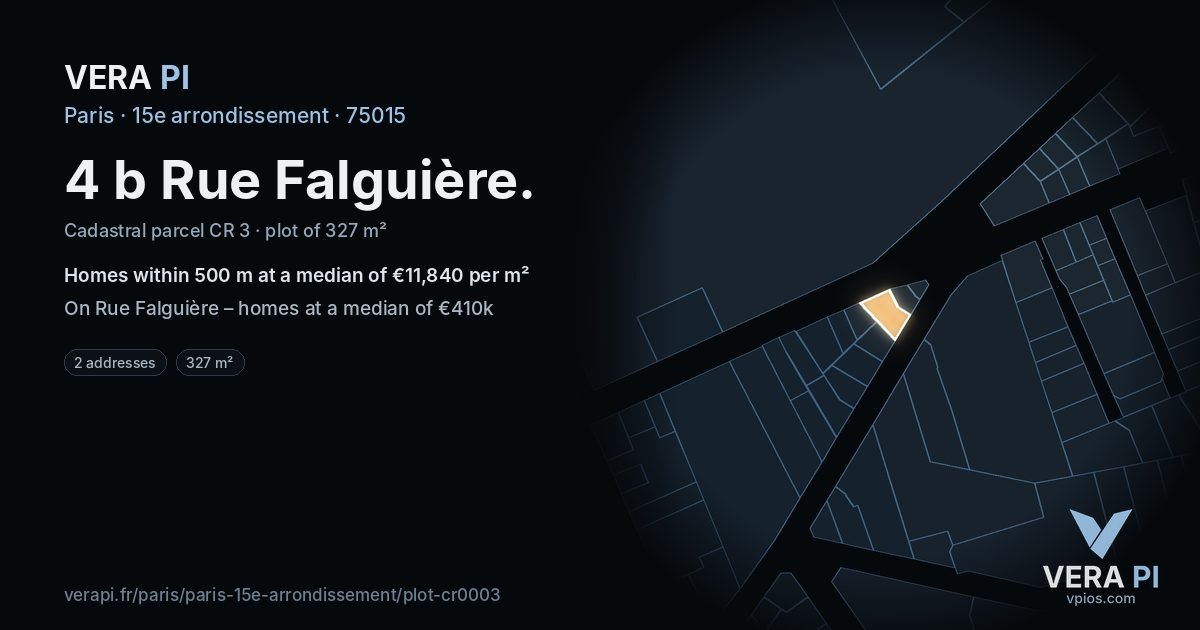 4 b Rue Falguière, 15e arrondissement at night – the plot lit, the parcels around coloured by the prices near them