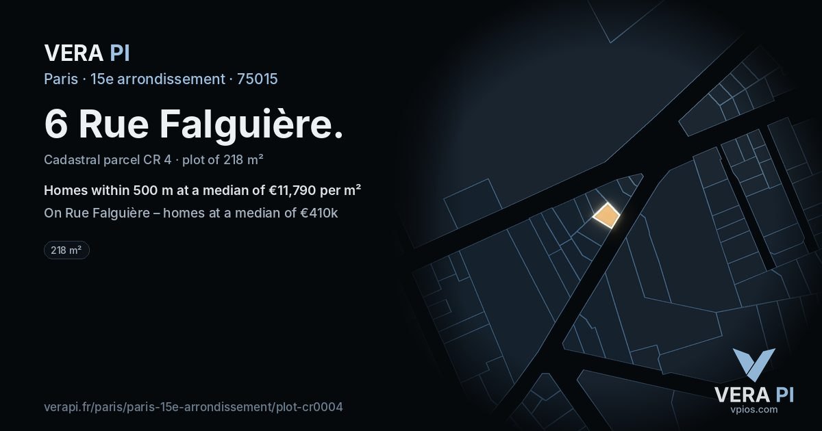 6 Rue Falguière, 15e arrondissement at night – the plot lit, the parcels around coloured by the prices near them