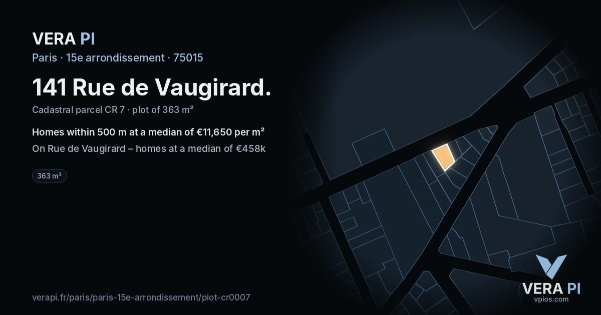 141 Rue de Vaugirard, 15e arrondissement at night – the plot lit, the parcels around coloured by the prices near them