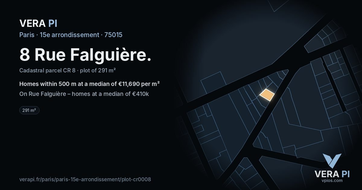 8 Rue Falguière, 15e arrondissement at night – the plot lit, the parcels around coloured by the prices near them