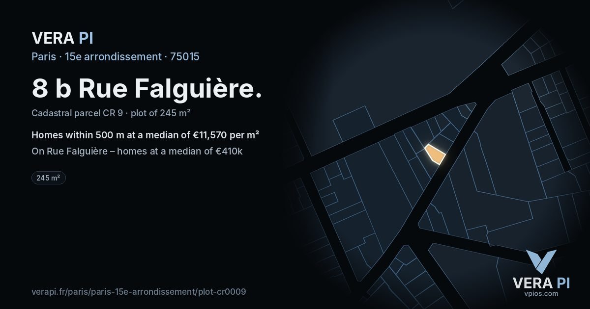 8 b Rue Falguière, 15e arrondissement at night – the plot lit, the parcels around coloured by the prices near them