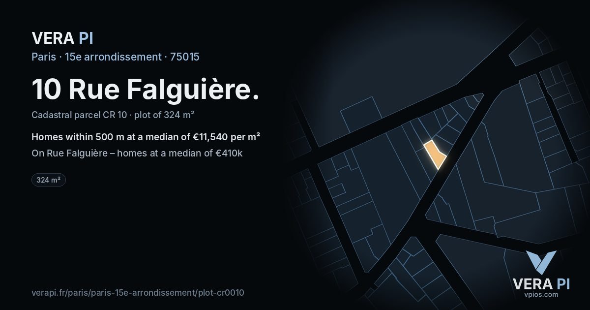 10 Rue Falguière, 15e arrondissement at night – the plot lit, the parcels around coloured by the prices near them