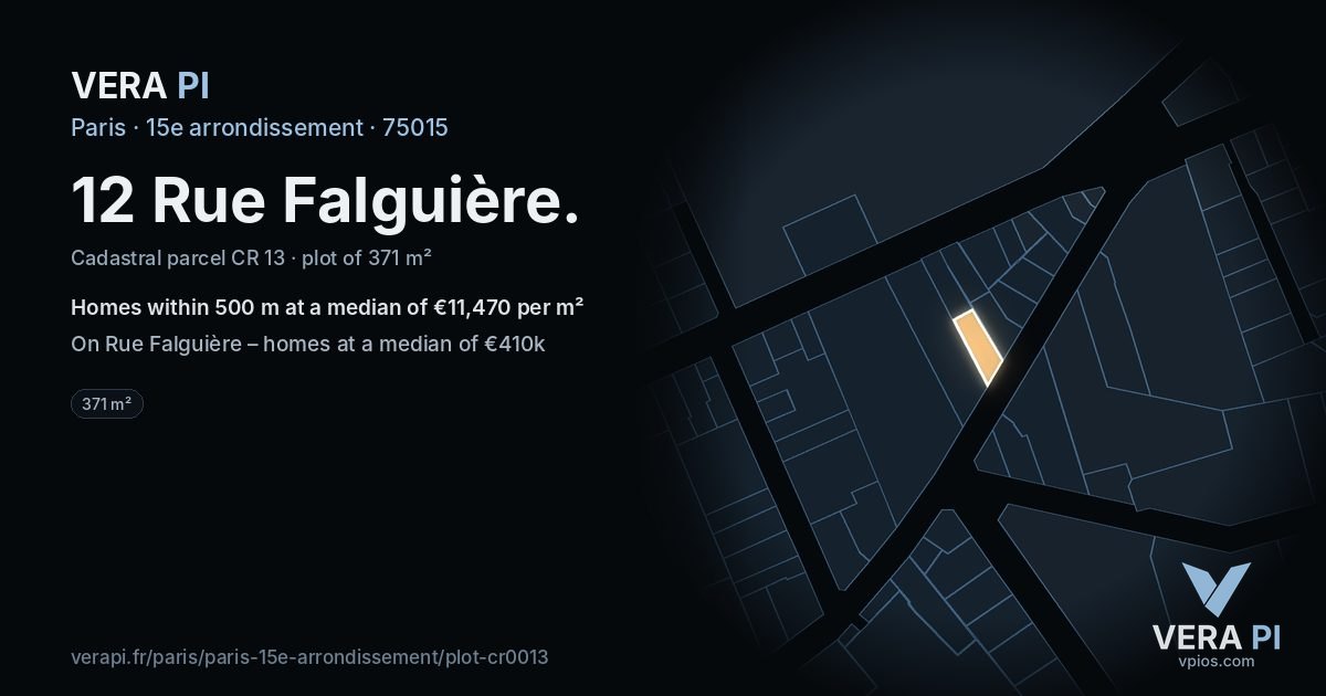 12 Rue Falguière, 15e arrondissement at night – the plot lit, the parcels around coloured by the prices near them
