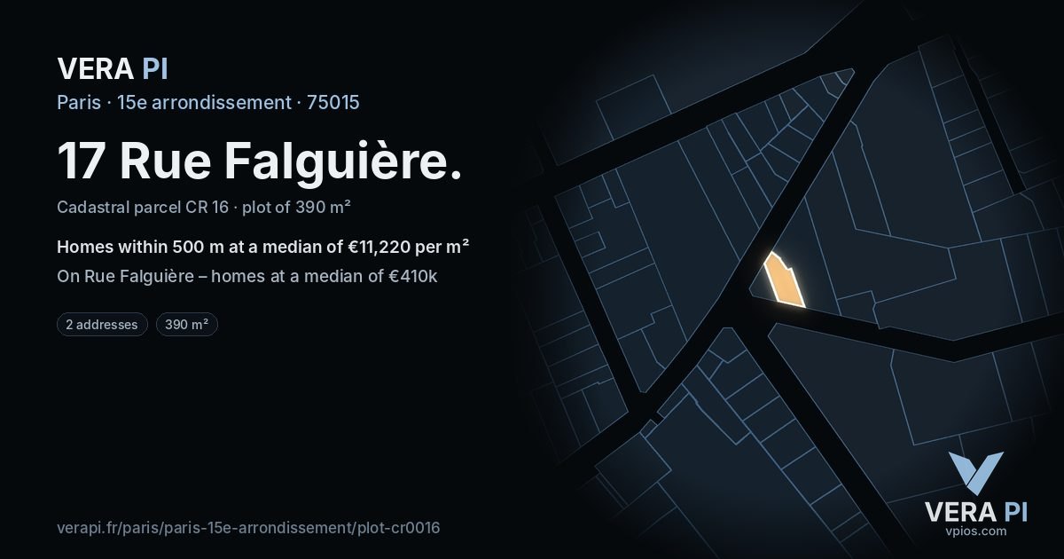 17 Rue Falguière, 15e arrondissement at night – the plot lit, the parcels around coloured by the prices near them