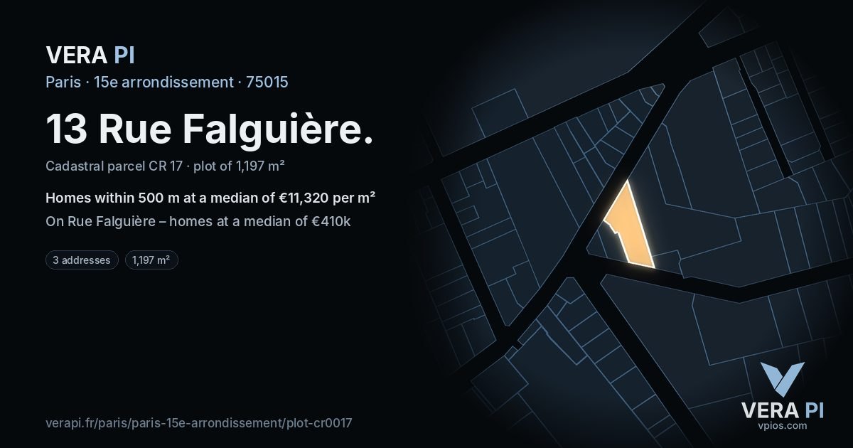 13 Rue Falguière, 15e arrondissement at night – the plot lit, the parcels around coloured by the prices near them
