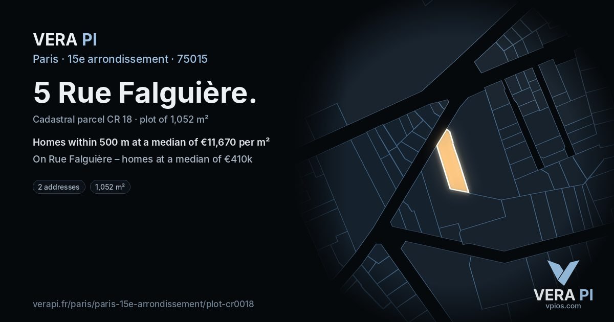5 Rue Falguière, 15e arrondissement at night – the plot lit, the parcels around coloured by the prices near them