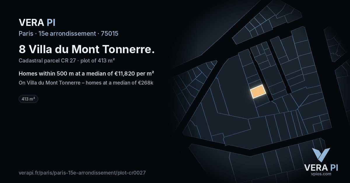 8 Villa du Mont Tonnerre, 15e arrondissement at night – the plot lit, the parcels around coloured by the prices near them