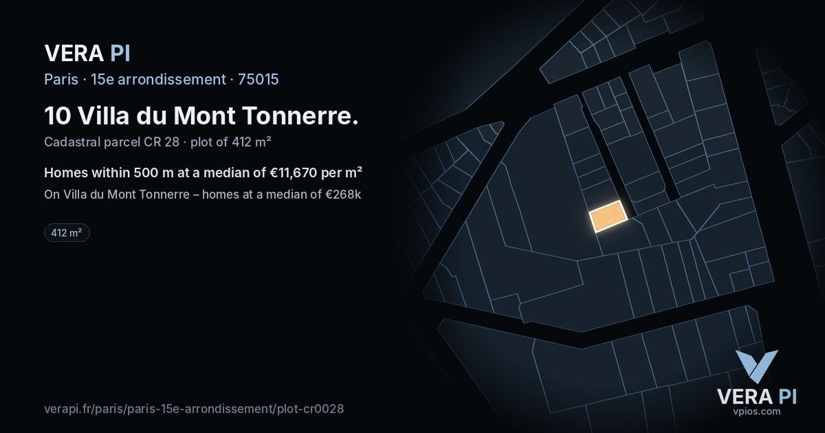 10 Villa du Mont Tonnerre, 15e arrondissement at night – the plot lit, the parcels around coloured by the prices near them