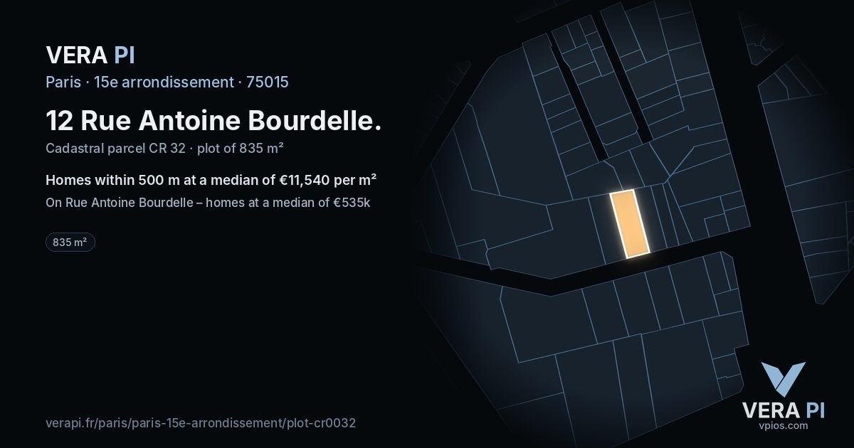 12 Rue Antoine Bourdelle, 15e arrondissement at night – the plot lit, the parcels around coloured by the prices near them